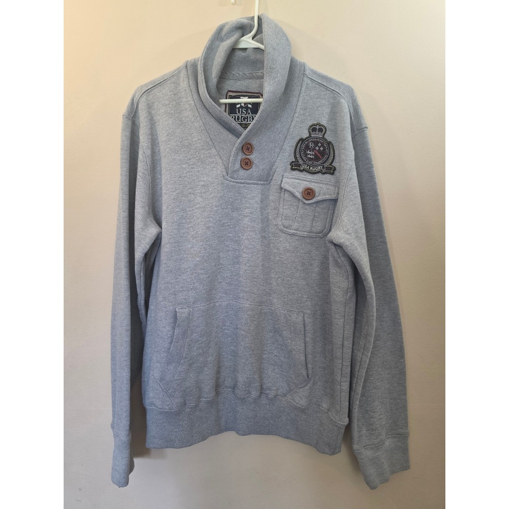 Vintage USA Rugby Mens Shawl Collar Sweatshirt Gray Crest Patch Pullover Medium